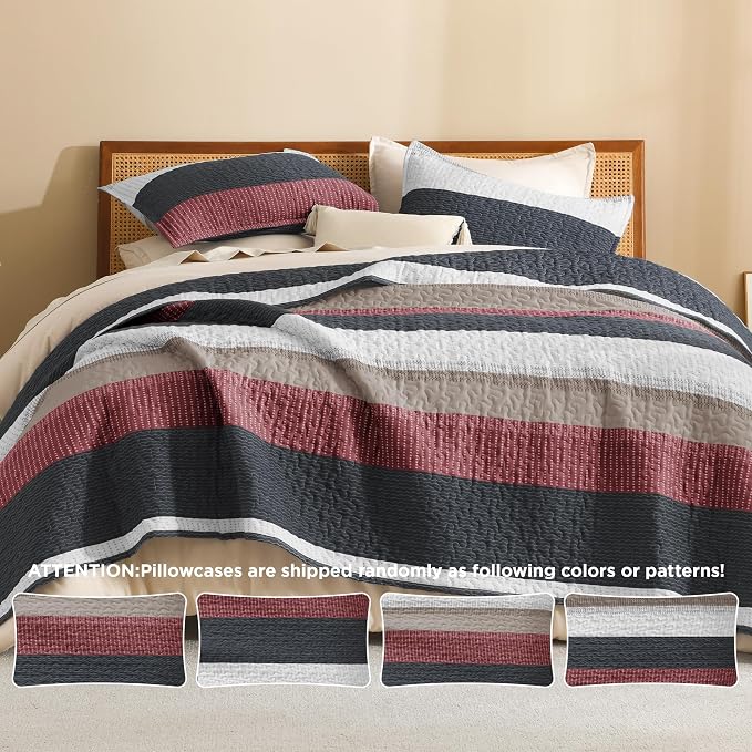 Litanika Quilt Queen Size Black and Red, Stripe Patchwork Summer Bedspread - Image 5