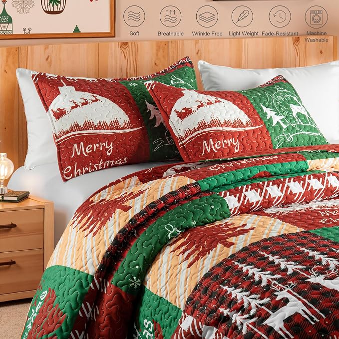 Whale Flotilla Christmas Quilt Twin Size, Soft Boho Patchwork Bedspreads - Image 3