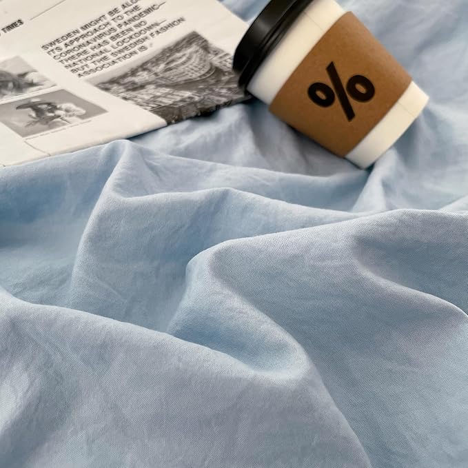 mixinni 100% Washed Cotton Duvet Cover Set King Size, Solid Light Blue Ocean - Image 5