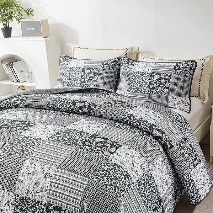 Mybedsoul Black Grey Boho Quilt Set California King Size, 3 Pieces Plaid Floral - Image 2