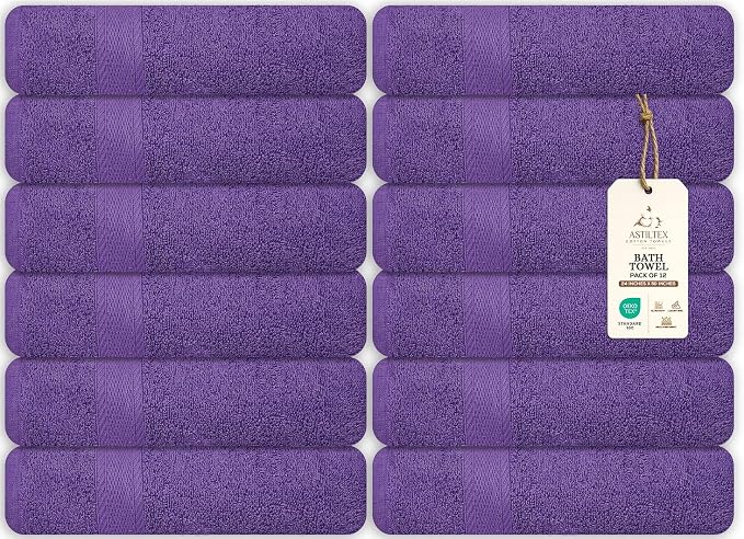 Large Bath Towels Bulk Set of 12 – 100% Cotton Terry – 24" x 50" – Quick Dry by ASTILTEXCottonTowels