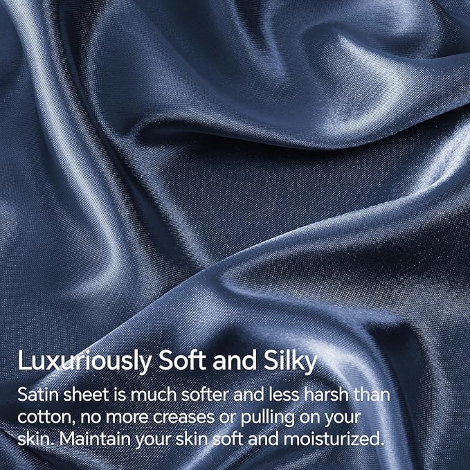 BEDELITE Satin Sheets Full XL Size Bed Set, Luxury Soft Navy Silky Sheets - Image 3
