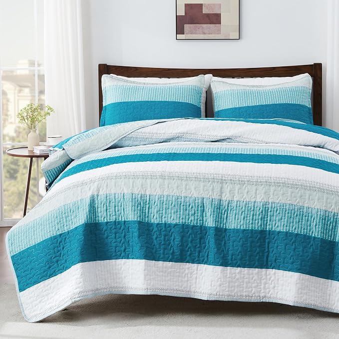 Andency Teal White Quilt Twin, 2 Pieces Patchwork Bedspread Coverlet Set by Andency