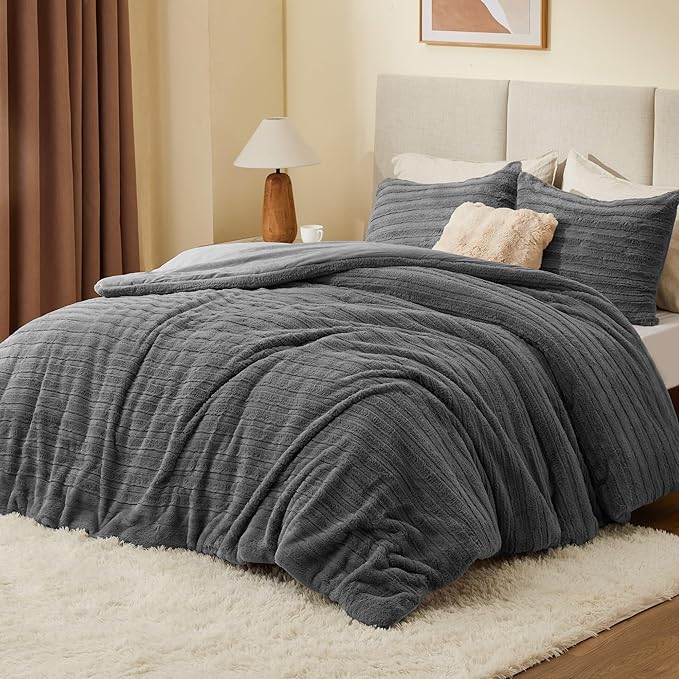 BEDELITE Fleece King Comforter Set -Super Soft & Warm Fluffy Grey Faux Fur - Image 2