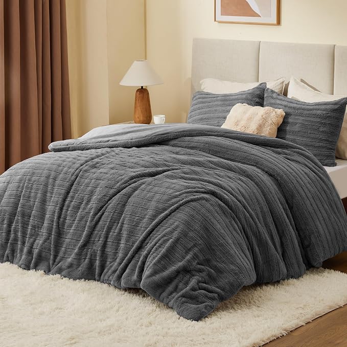 BEDELITE Fleece Twin Comforter Set -Super Soft & Warm Fluffy Grey Faux Fur - Image 2