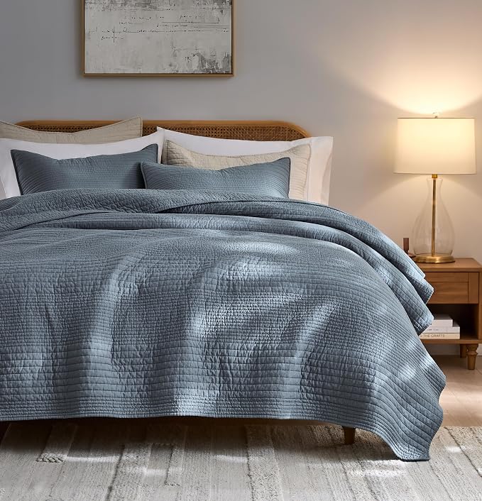 PALASSIO Striped Blue Grey 100% Cotton Quilt California Cal King Size Bedding by PALASSIO