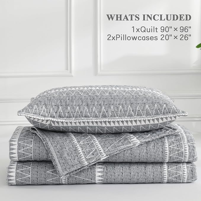 Andency Quilts Queen Size Grey, 3 Pieces Queen Quilt Bedding Set Boho - Image 8