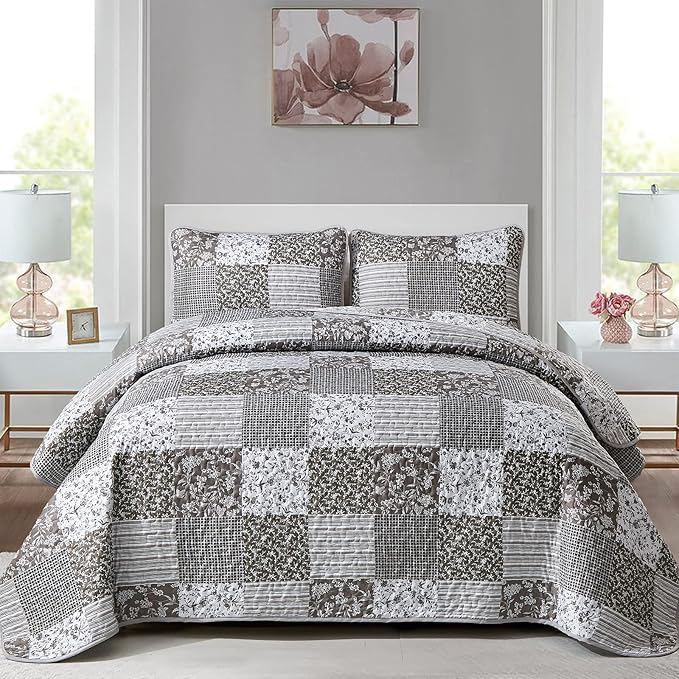 Mybedsoul Grey Boho Quilt Set Queen Size, 3 Pieces Plaid Floral Bedspread by Mybedsoul