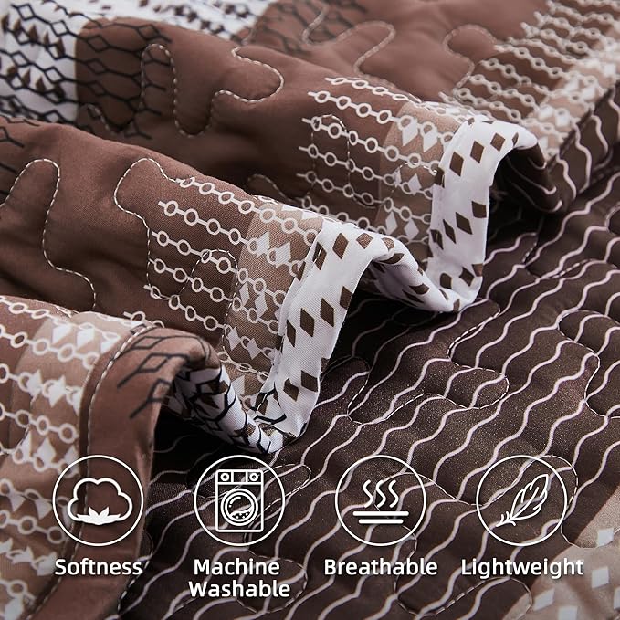 Andency Queen Quilt Bedding Set Brown, 3 Pieces Patchwork Coffee Striped Ultra - Image 5
