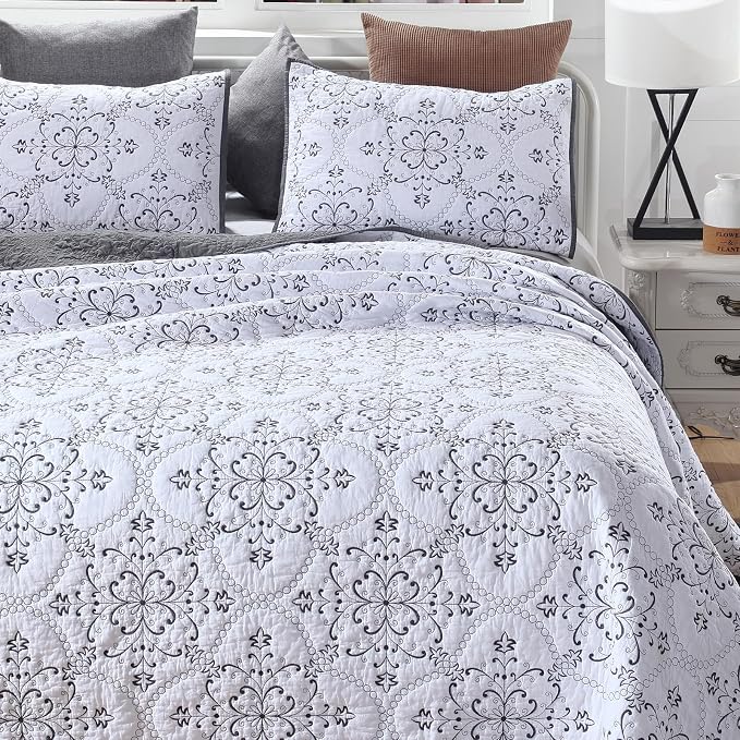 ROOMLIFE Quilt Set Full Size 3D Floral Embroidery Pattern 3-Piece Cotton - Image 3