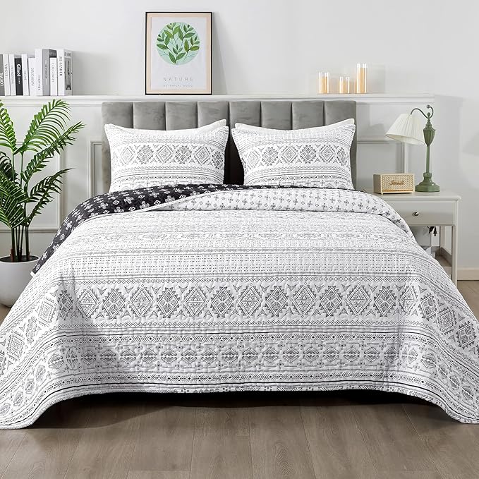 Andency Black White California King Quilt Set, 3 Pieces Boho Lightweight Soft by Andency