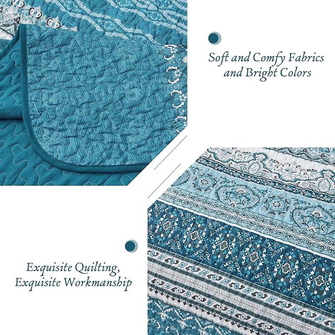 WONGS BEDDING Boho Queen Quilt Set, Teal and Blue Bohemian Quilt Bedding Set - Image 5