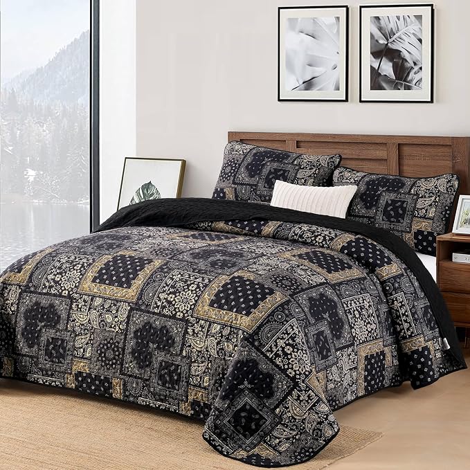 Cottolester Boho Patchwork Quilt Set Queen Size, Paisley Floral Bedding Set - Image 2