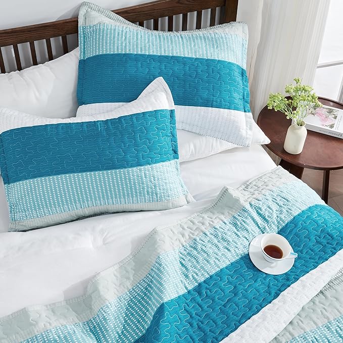 Andency Teal White Quilt Queen, 3 Pieces Patchwork Bedspread Coverlet Set - Image 3