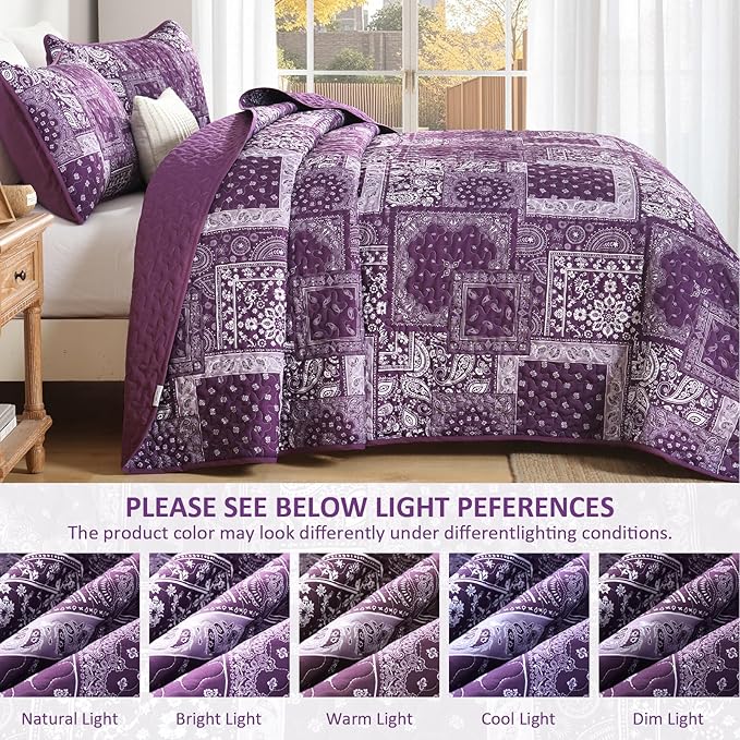 Cottolester Purple Quilt Set King Size, 3 Pieces Boho Patchwork Paisley Quilt - Image 5