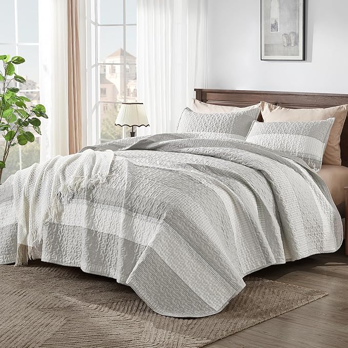 Andency Queen Quilt Bedding Set Linen Grey, 3 Pieces Patchwork Summer Striped - Image 2