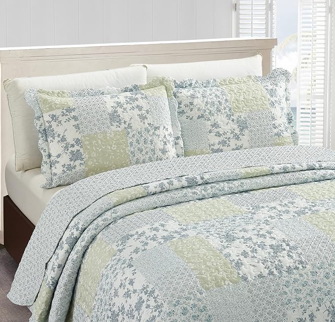 Brilliant Sunshine Multi Blue and Beige Floral Patchwork, 3-Piece Quilt Set - Image 3