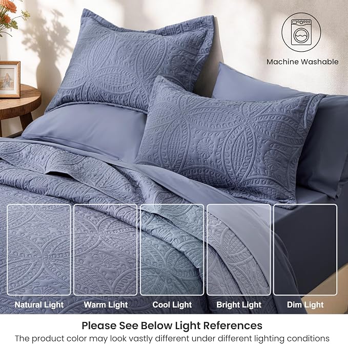 Love's cabin King Quilt Set Bluish Grey, Bed in a Bag King Size Bedding 7 Pcs - Image 6