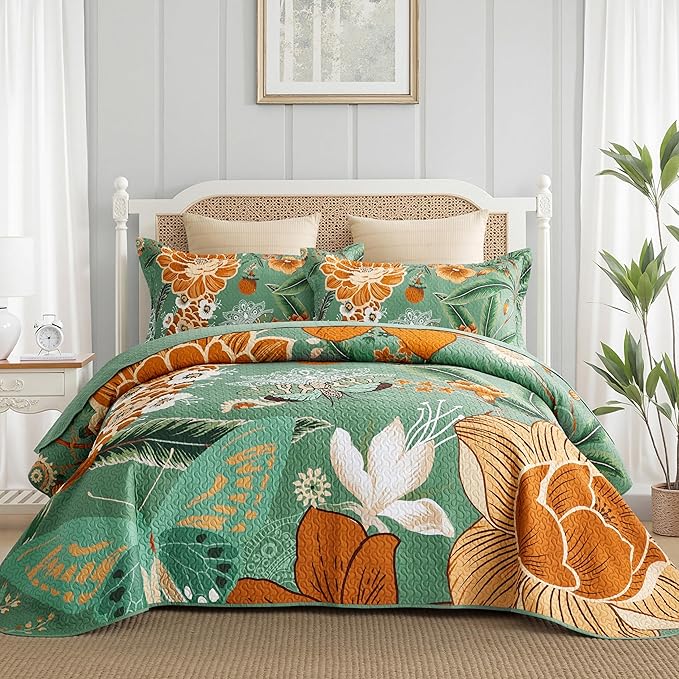 Tyrot 3 Piece Sage Green Boho Floral King Size Quilt Sets Farmhouse Botanical by TyrotHomeDecor
