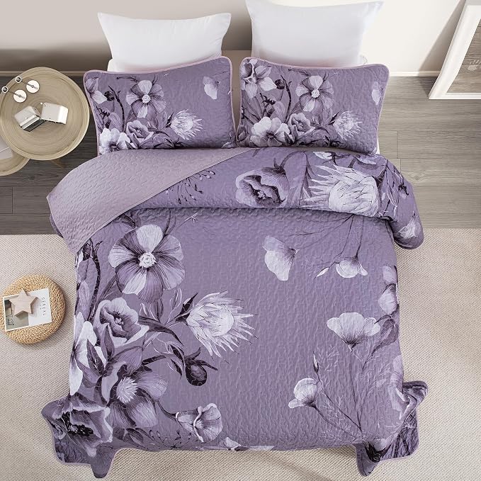 Floral Quilt Set King Size Bedding Set 3 Pieces Dark Purple Boho Floral Quilt - Image 3