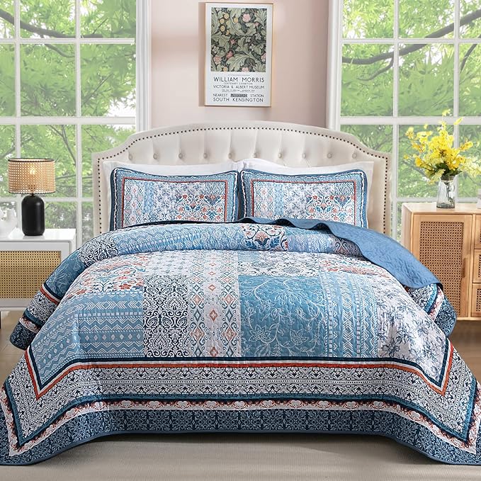 WONGS BEDDING Blue Quilt Set Queen Size, Bohemian Patchwork Bedspread Coverlet by WONGSBEDDING
