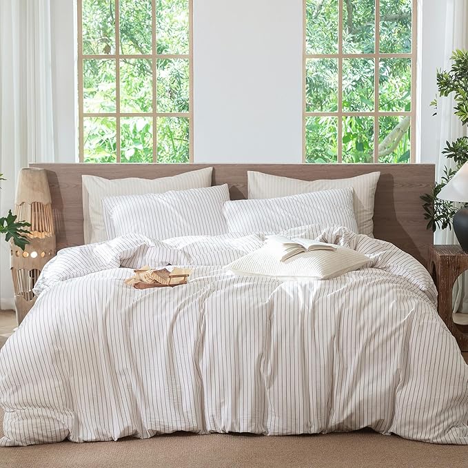 MooMee Striped Duvet Cover Set 100% Washed Cotton Linen Like Textured by MOOMEE