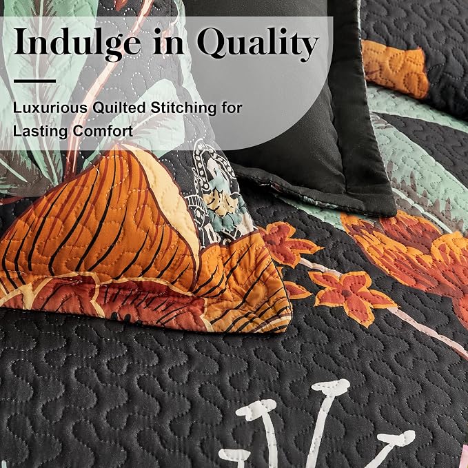 Tyrot 3 Piece Black Boho Floral Full/Queen Quilt Sets Reversible Farmhouse - Image 4