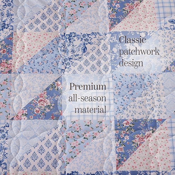 BLOOMHAVEN Quilt Set Queen Size, Patchwork Blue Pink Marigold Floral Quilt Sets - Image 6