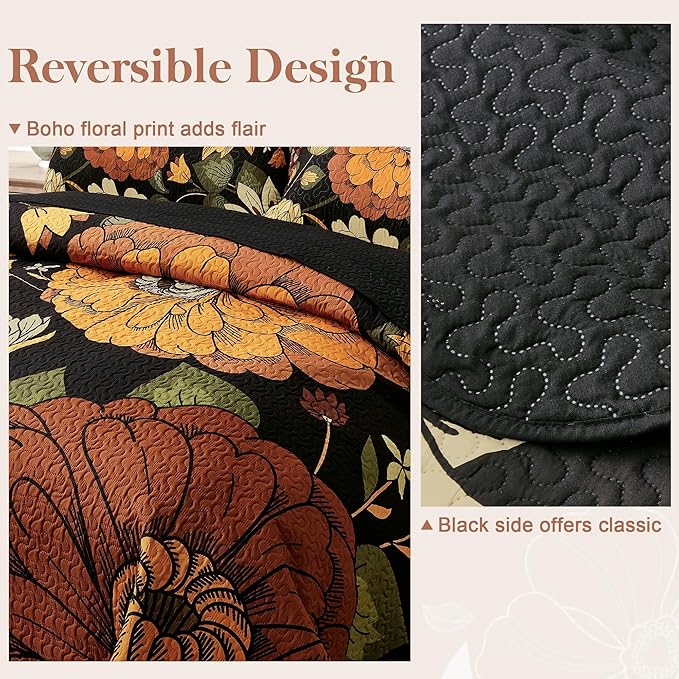 Tyrot 3 Piece Black Boho Floral Californial King Size Quilt Sets Reversible - Image 3