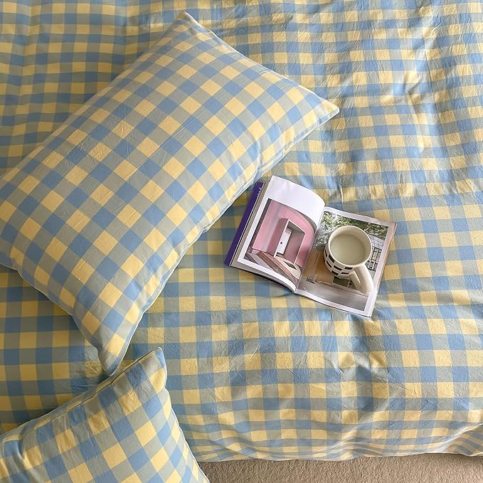 mixinni Plaid Duvet Cover Set Queen Yellow - Image 5