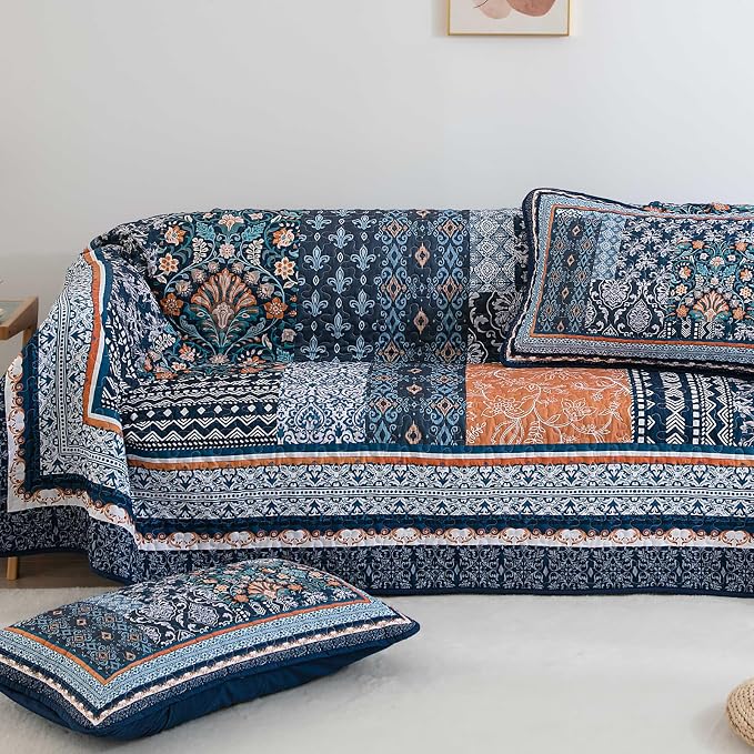 WONGS BEDDING Navy Blue Quilt Set King Size, Bohemian Patchwork Bedspread - Image 8