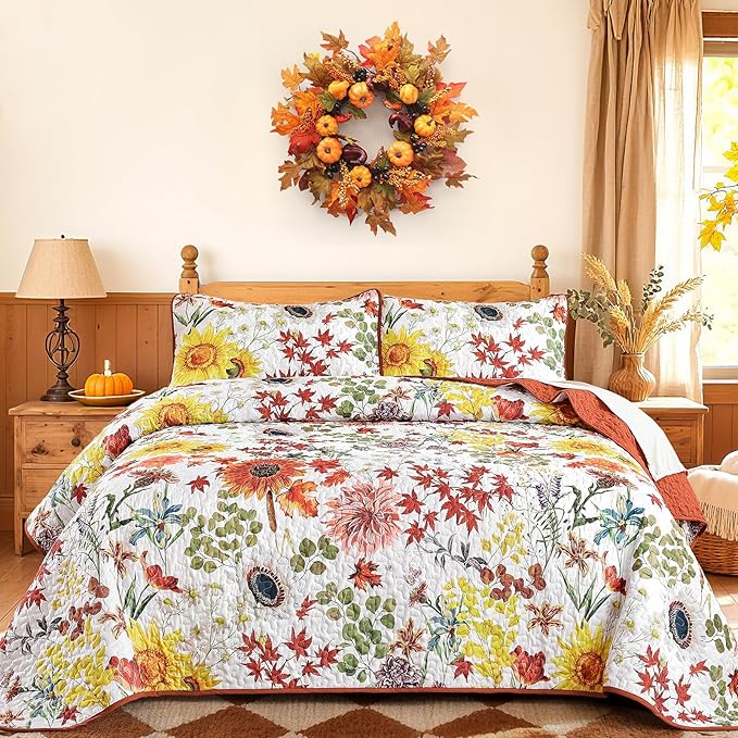 Yiran Fall Floral Quilt Set Queen Size, 3 Pieces Soft Lightweight Microfiber by Yiran