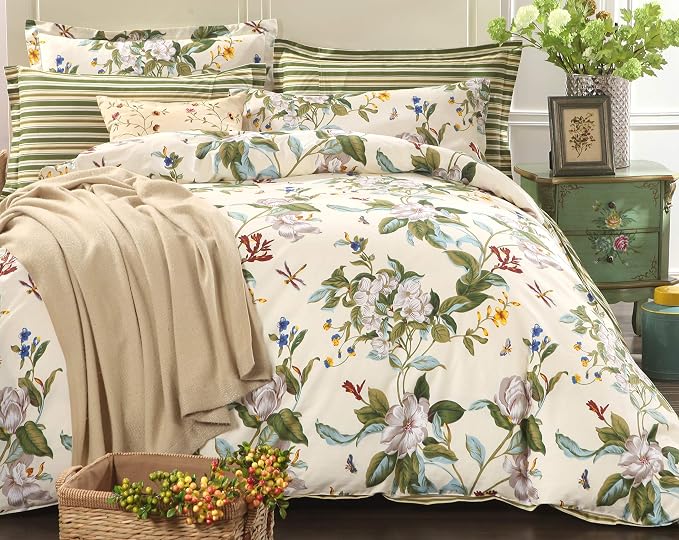 FADFAY Floral Duvet Cover Set 100% Cotton Green Striped and Beige Bedding White - Image 5
