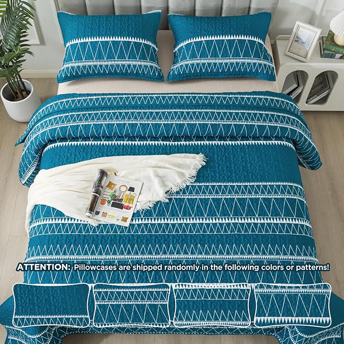 Andency Teal California King Quilt Set, 3 Pieces Boho Lightweight Soft Striped - Image 6