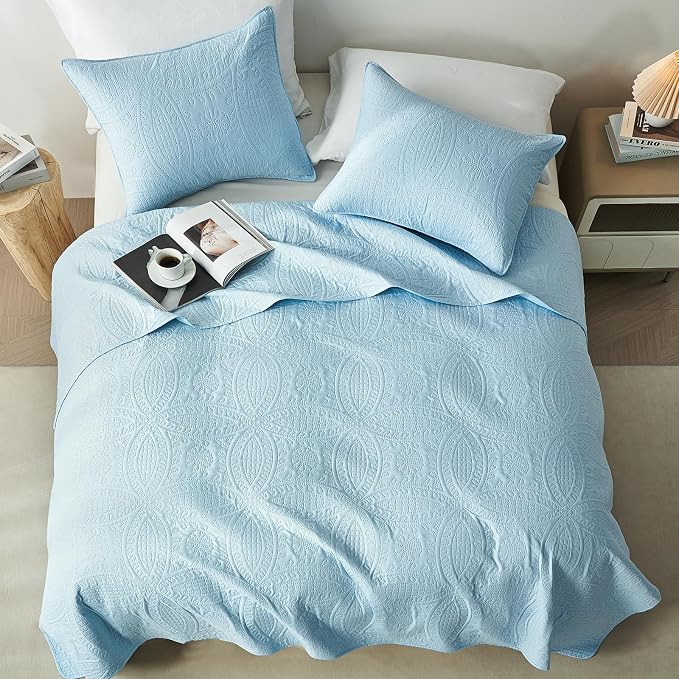 akkialla Twin Quilt Bedding Set, Sky Blue Ultrasonic Quilt Set, Lightweight - Image 3