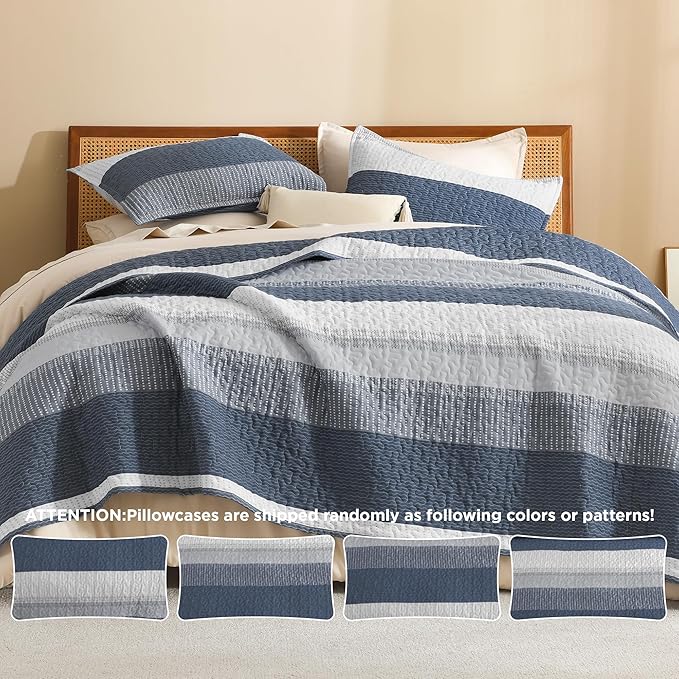Litanika Queen Quilt Set Navy Blue, Stripe Patchwork Bedspread Coverlet 3 Pieces - Image 5