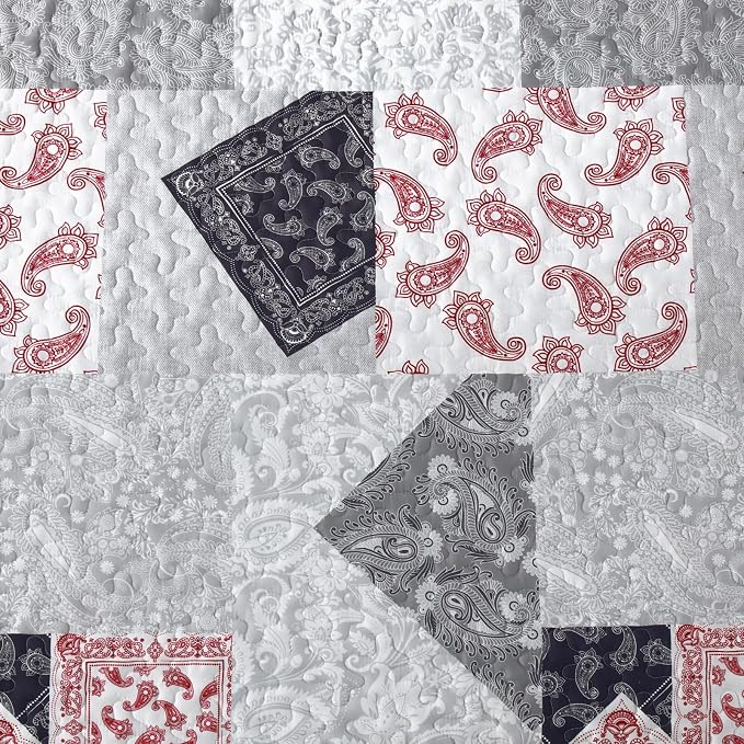 Mybedsoul Grey Red Patchwork Queen Size Quilt, Soft Paisley Floral Bedspreads - Image 6
