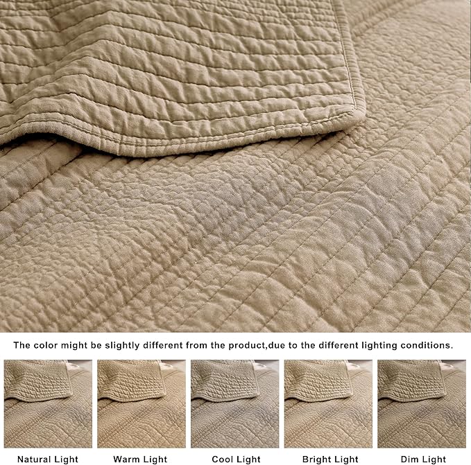 palassio Striped Dark Beige 100% Cotton Quilt Twin Size Bedding Sets, - Image 6