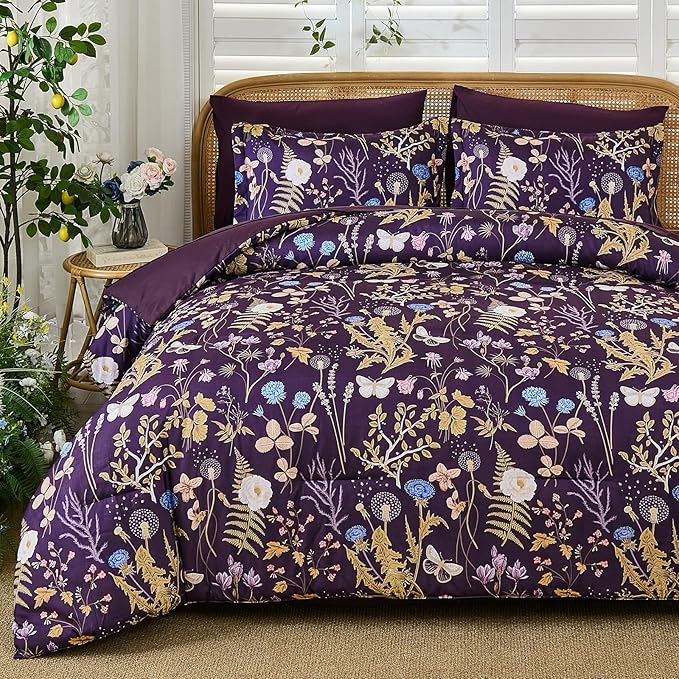 Yiran Purple Floral Comforter Set King Size, 7 Piece Botanical Comforter by Yiran