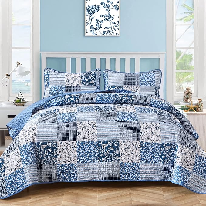 Mybedsoul Blue Boho Quilt Set Queen Size, 3 Pieces Plaid Floral Bedspread by Mybedsoul
