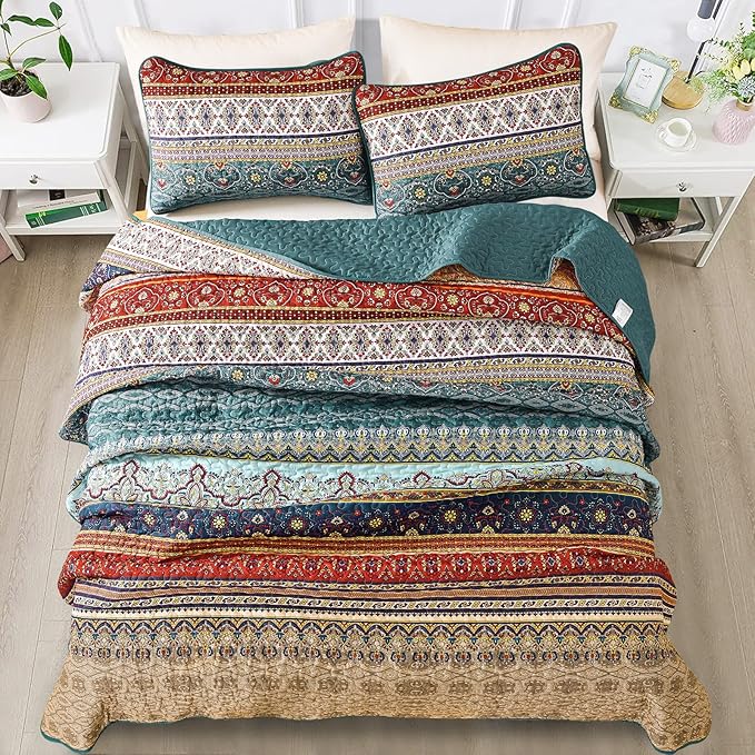 WONGS BEDDING Boho Queen Quilt Set, Lightweight Microfiber Bed Decor Bedspread - Image 4