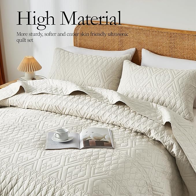 akkialla Twin Quilt Set, Boho Style in a Solid Color, Cream Lightweight - Image 3