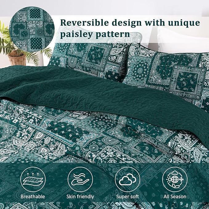 Cottolester King Quilt Set 3 Pieces, Emerald Green Patchwork Quilt Set - Image 3