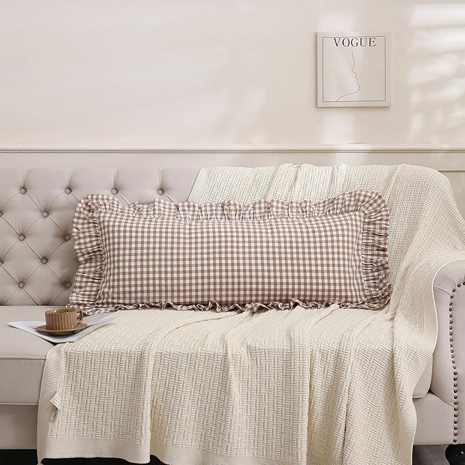 14x36 inches Taupe Plaid Ruffle Gingham Lumbar Throw Pillow Cover, Pure Cotton - Image 3