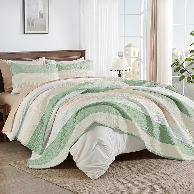 Andency Queen Quilt Bedding Set Mint Pink, 3 Pieces Patchwork Summer Striped - Image 4