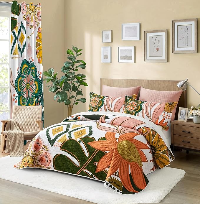 Tyrot 3 Piece Boho Floral King Size Quilt Sets Farmhouse Botanical Reversible - Image 2