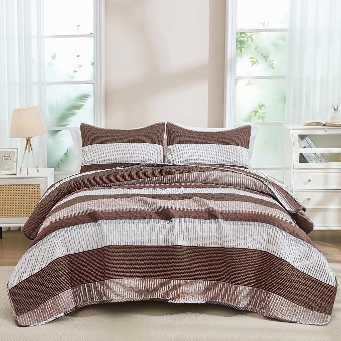Andency Queen Quilt Bedding Set Brown, 3 Pieces Patchwork Coffee Striped Ultra - Image 8