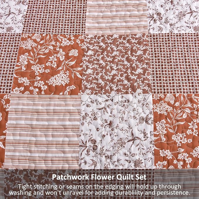 Mybedsoul Burnt Orange Quilt Set King Size, 3 Pieces Boho Plaid Terracotta - Image 6