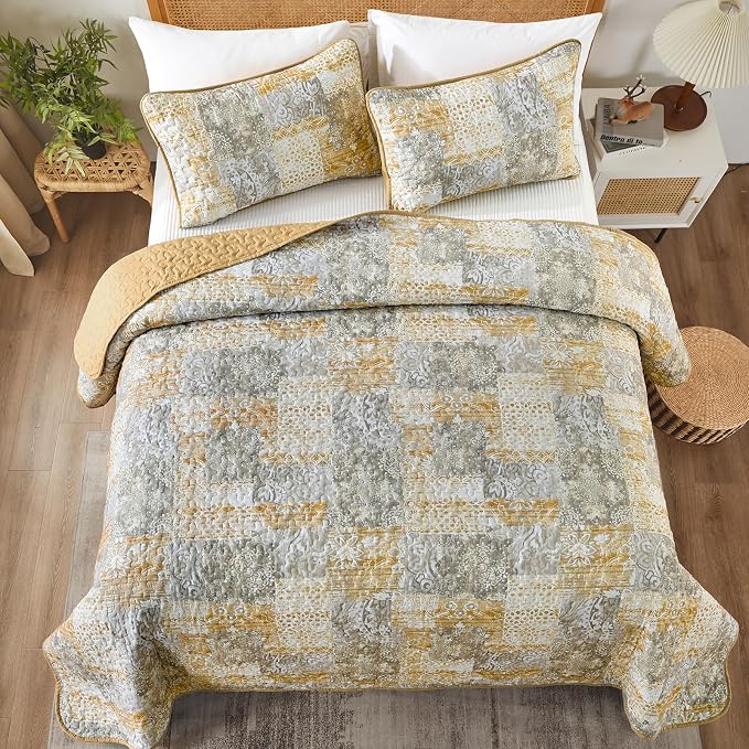 Mybedsoul Yellow Boho Quilt Set Queen Size 3 Pieces Grey and Yellow Plaid - Image 2