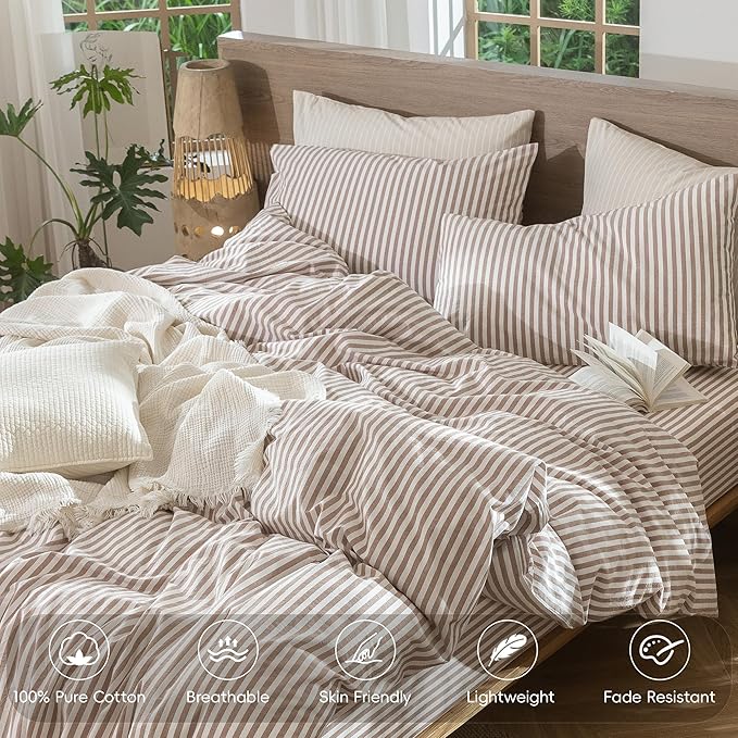 MooMee Striped Duvet Cover Set 100% Washed Cotton Linen Like Textured - Image 4